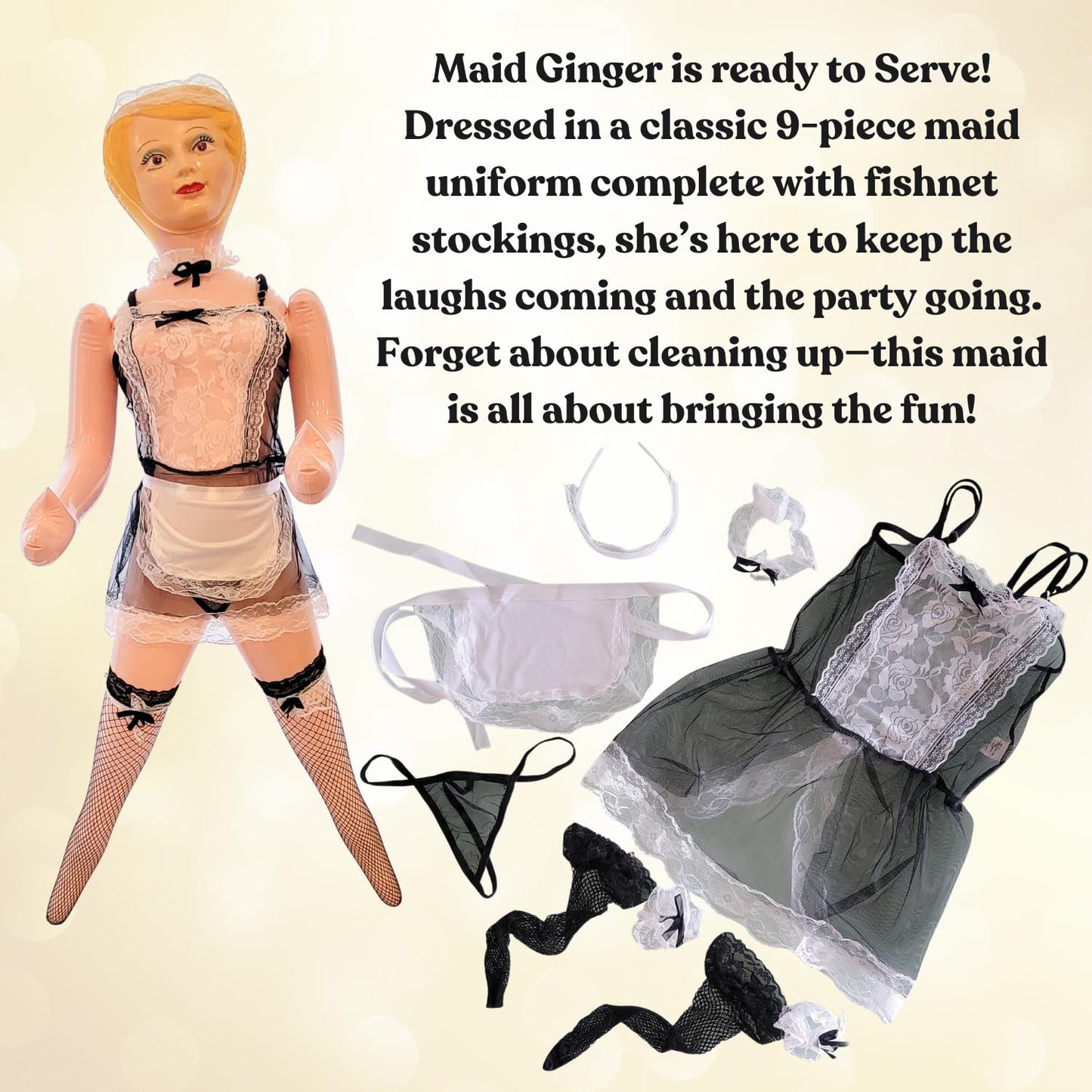 Merrimix - Ginger Inflatable Blow Up Doll with Maid Costume, Gag Gifts for Men, Bachelor Party Favors and Decorations Bacheloret