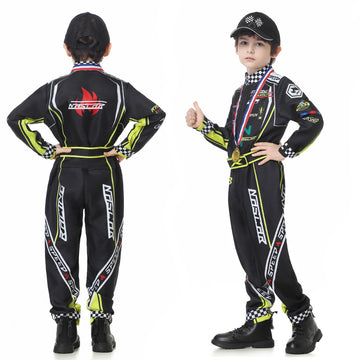 Treyrea Race Car Driver Costume Boys Racer Jumpsuit With Car Cap Kids Dress Up For Halloween (Black, S(For Height 46''-49''))