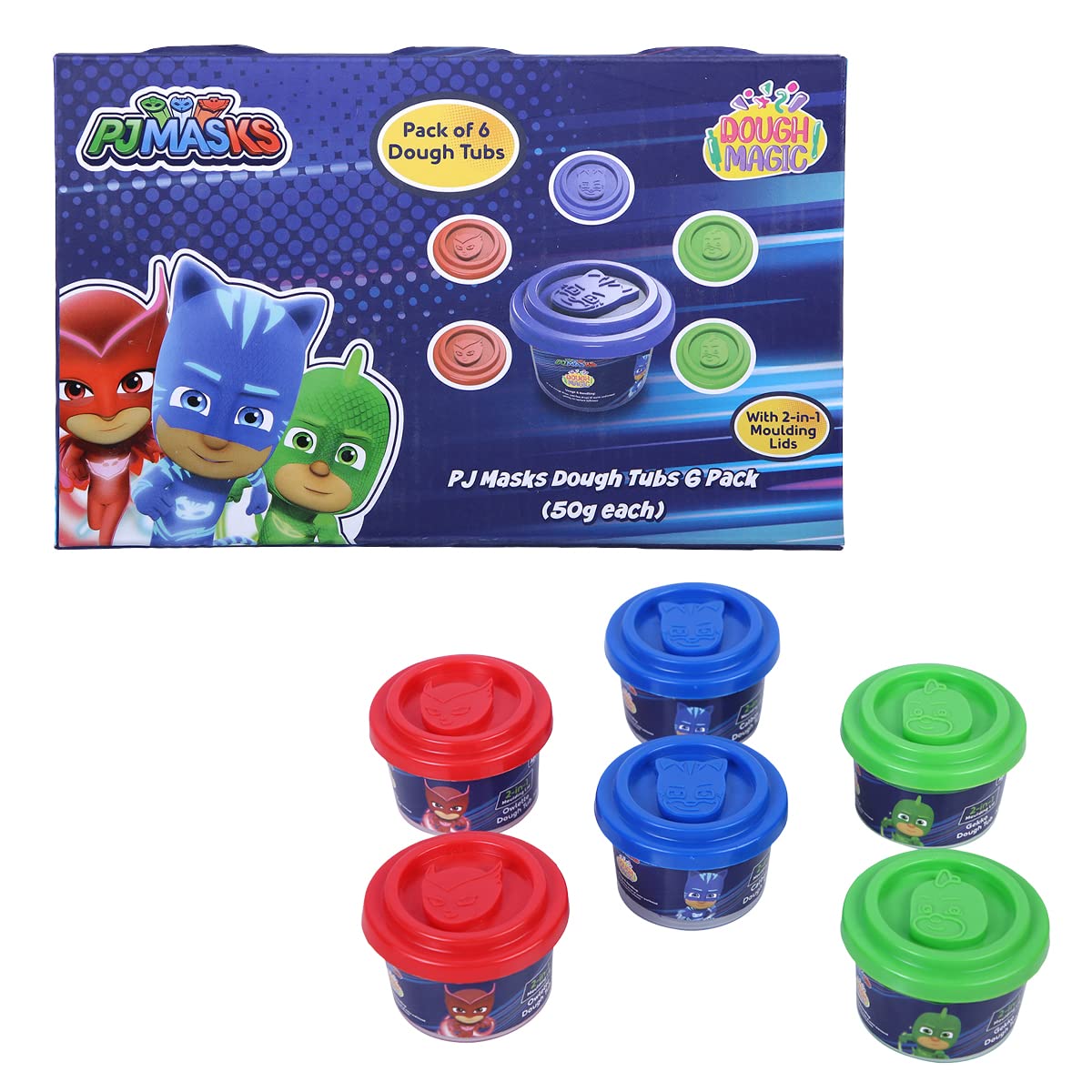 Dough Magic Pj Masks With 2 In 1 Moulding Lid Pack Of 6 Tubs 50Gm Each|Soft Water Based Dough|Fun With Dough|NonToxic|For Kids 
