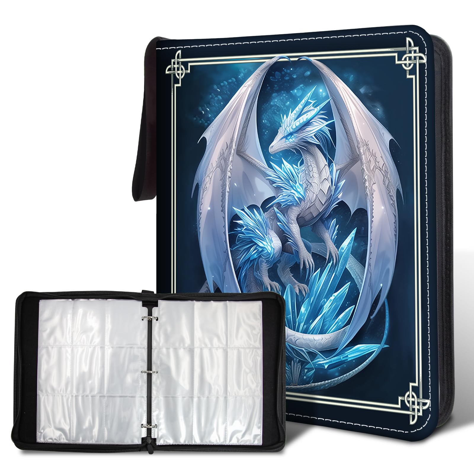 Wazzio 900 Pocket Trading Card Storage Album  Card Binder with 50 Durable 9-Pocket Pages  Birthday Gifts for Fathers Day  Blue Dragon Design on Pocket Card Packs  Gifts for Zipper Closure Collector