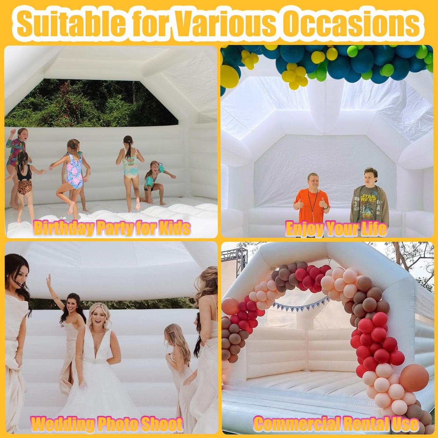 Inflatable White Bounce House Castle, 13X13X10Ft Large Jumper Pvc Bouncy House With Dome And Blower For Toddler Kids And Adults