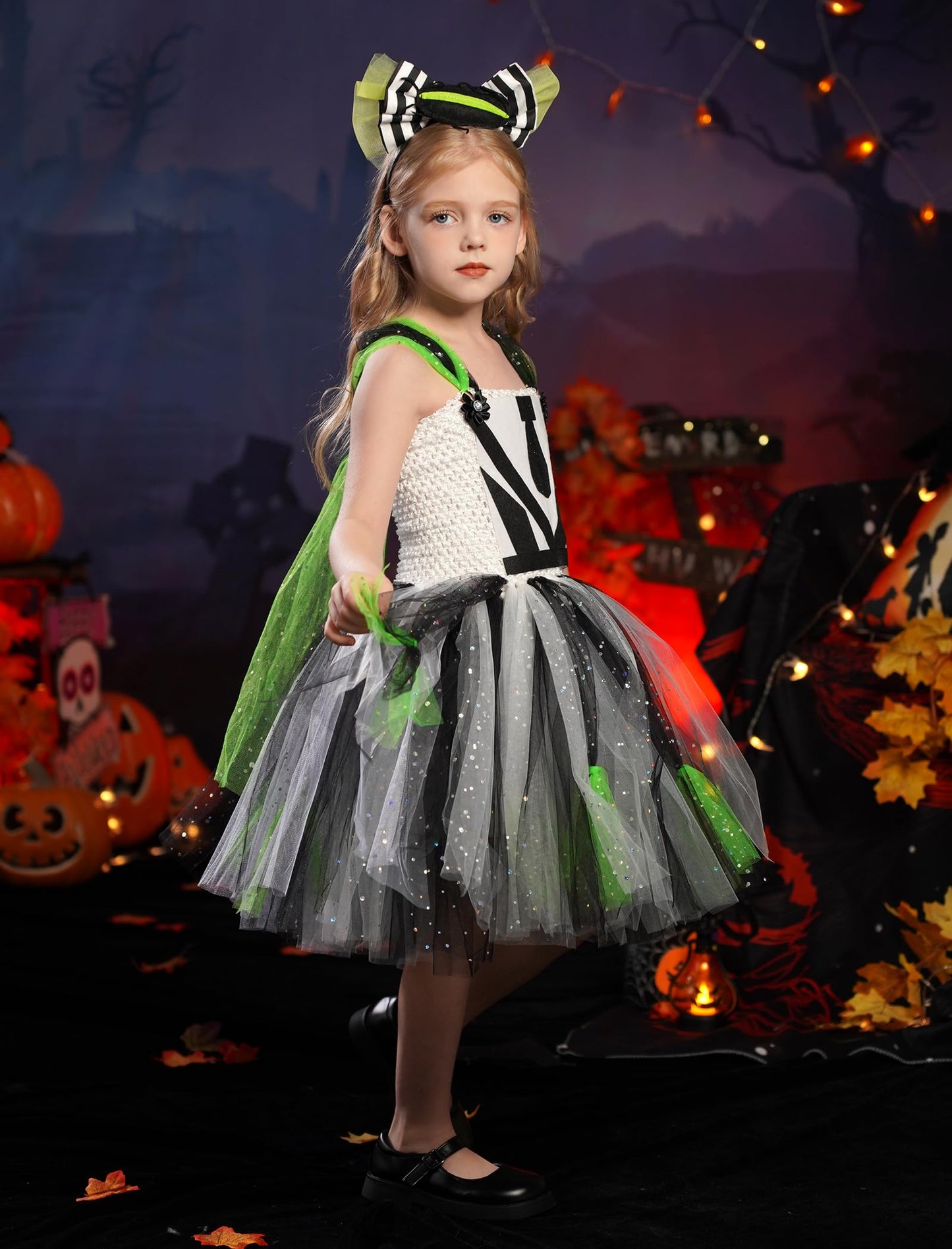 Obeeii Kids Girls Halloween Costume Black White Stripe Tulle Tutu Dress With Headband Set Carnival Fancy Dress Black White Strip