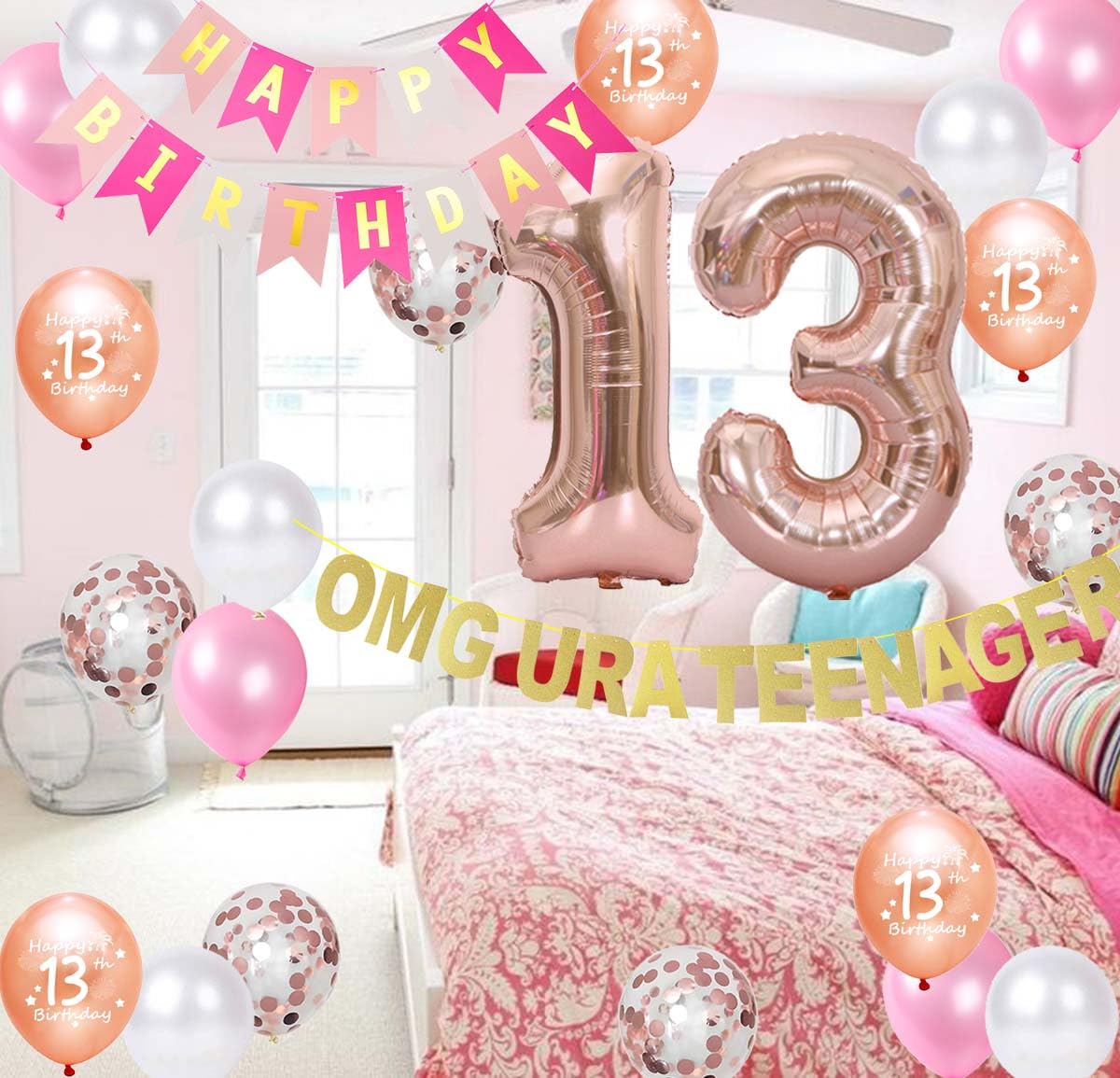 Rose Gold Omg Ur A Teenager Happy 13Th Birthday Banner Garland 13 Birthday Foil Balloons Teenager Confetti Balloons For Teen Gir