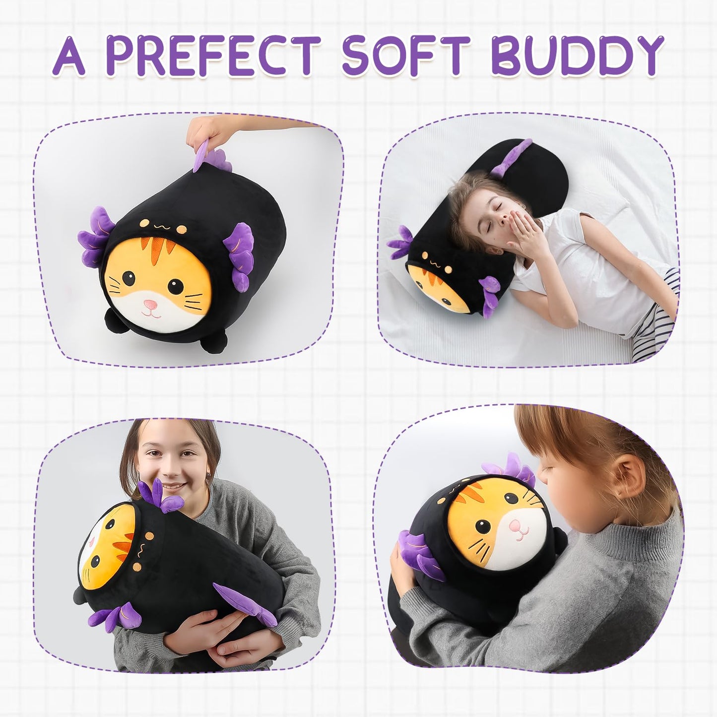 Mmguai 24'' Cute Black Axolotl Cat Plush Toy, Kawaii Plushies Big Axolotl Stuffed Animal, Soft Squishy Axolotl Kitten Plushies G