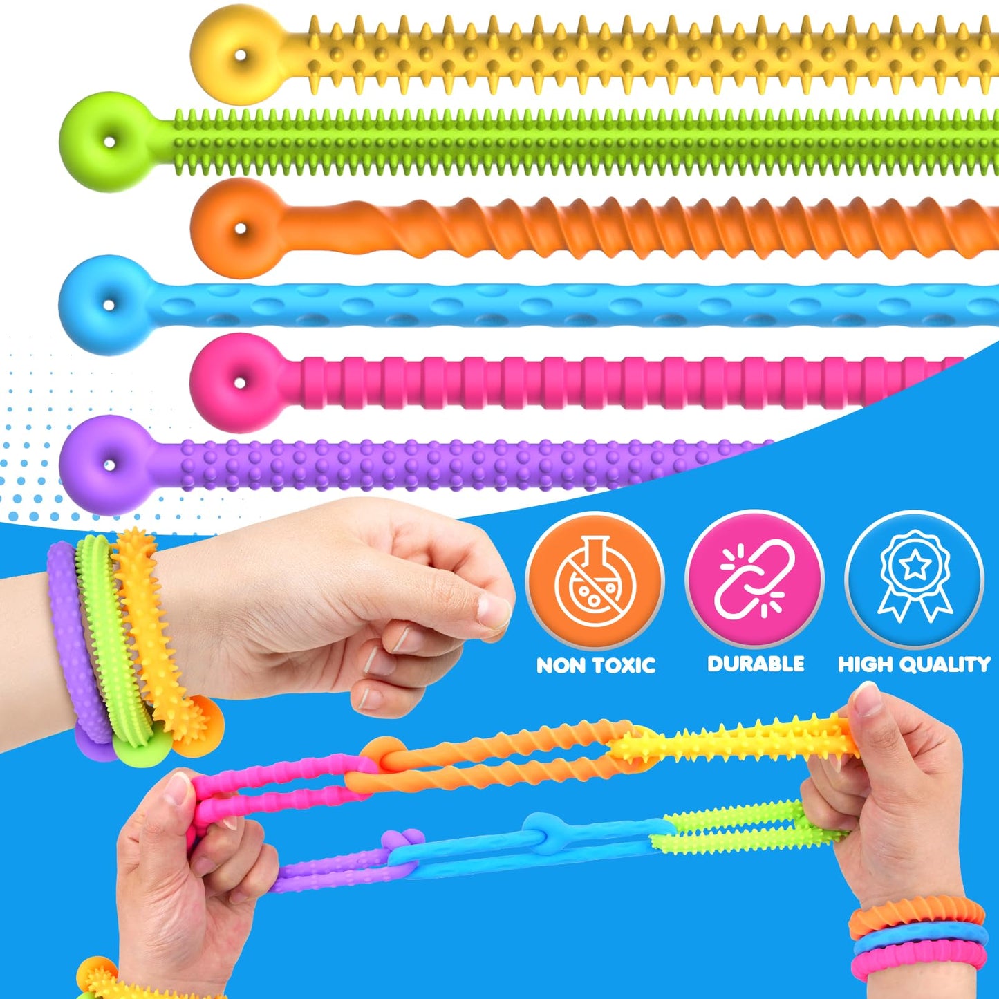KLT Sensory Fidget Stretchy Strings Bracelet - Adjustable Rubber Toy for Kids, Rainbow - Perfect for Autism and Classroom Use - 6 Pack
