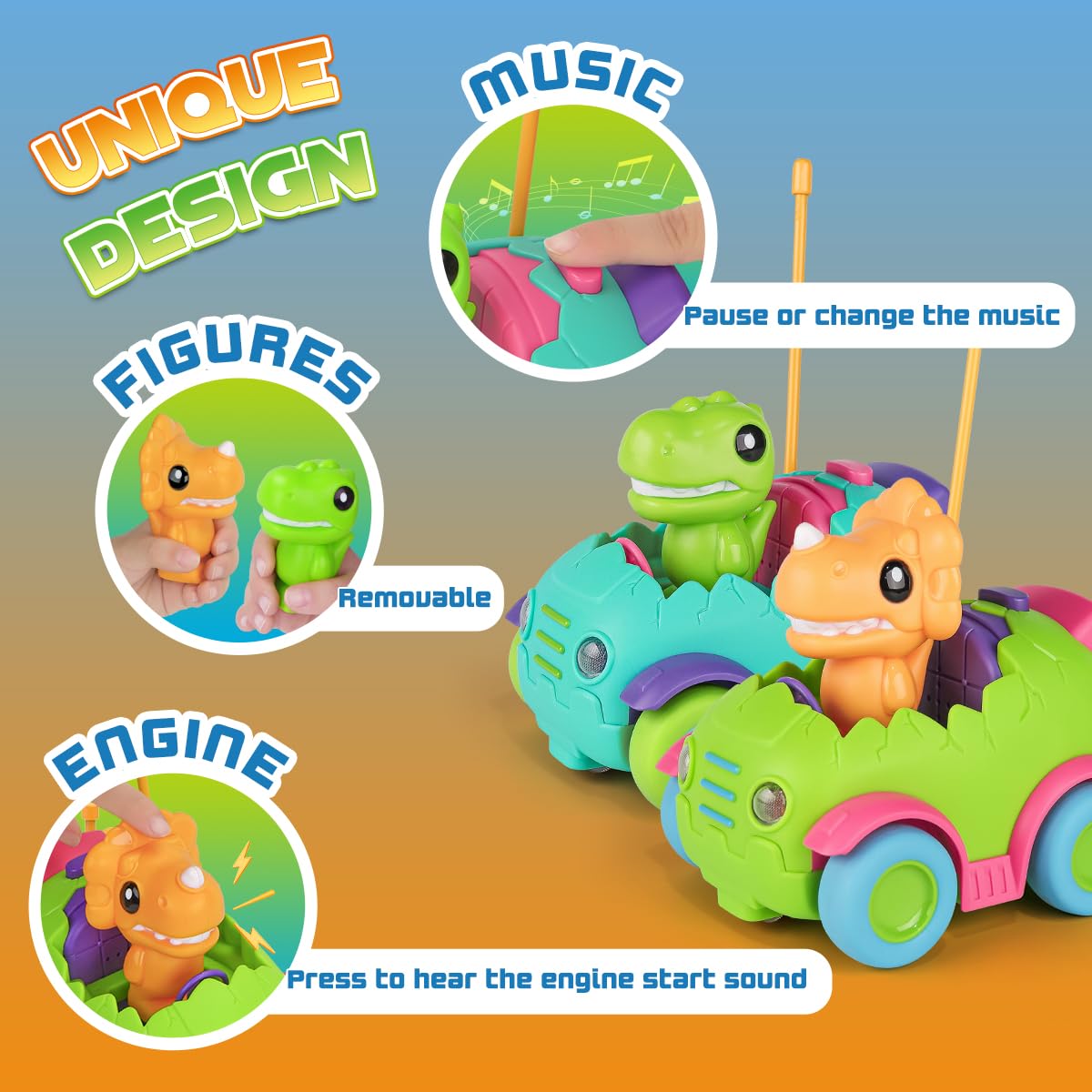 Nueplay Remote Control Car for Toddler Age 2 3 4 5, Electric RC Car Toys with Light & Music, Toddler Dinosaur Toys, Dino Figures