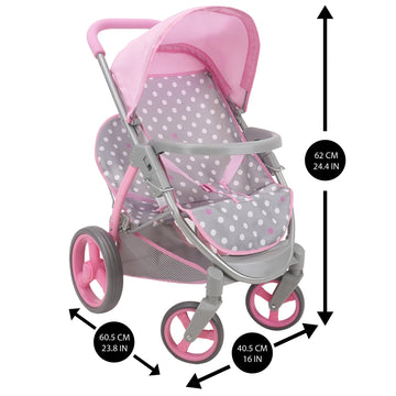509 Crew: Cotton Candy Pink: Twin Tandem Doll Stroller - Pink, Grey, Polka Dot - Dolls Up To 18', Holds 2 Dolls, Foldable, Kids Pretend Play, Ages 3+