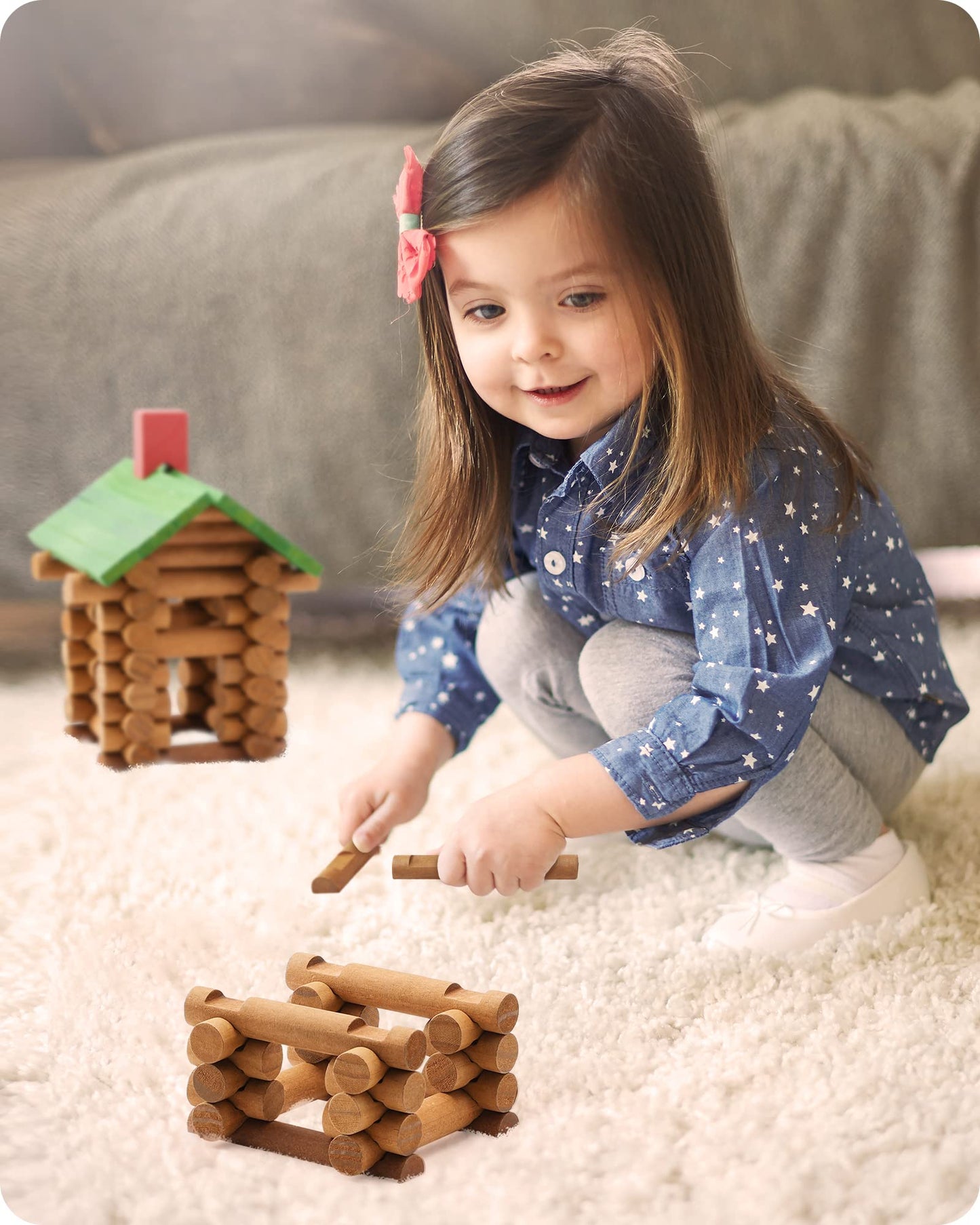 SainSmart Jr. Wooden Log Cabin Building Toy Set, 300 PCS STEM Kit for Toddlers, Brown, Model 20-353