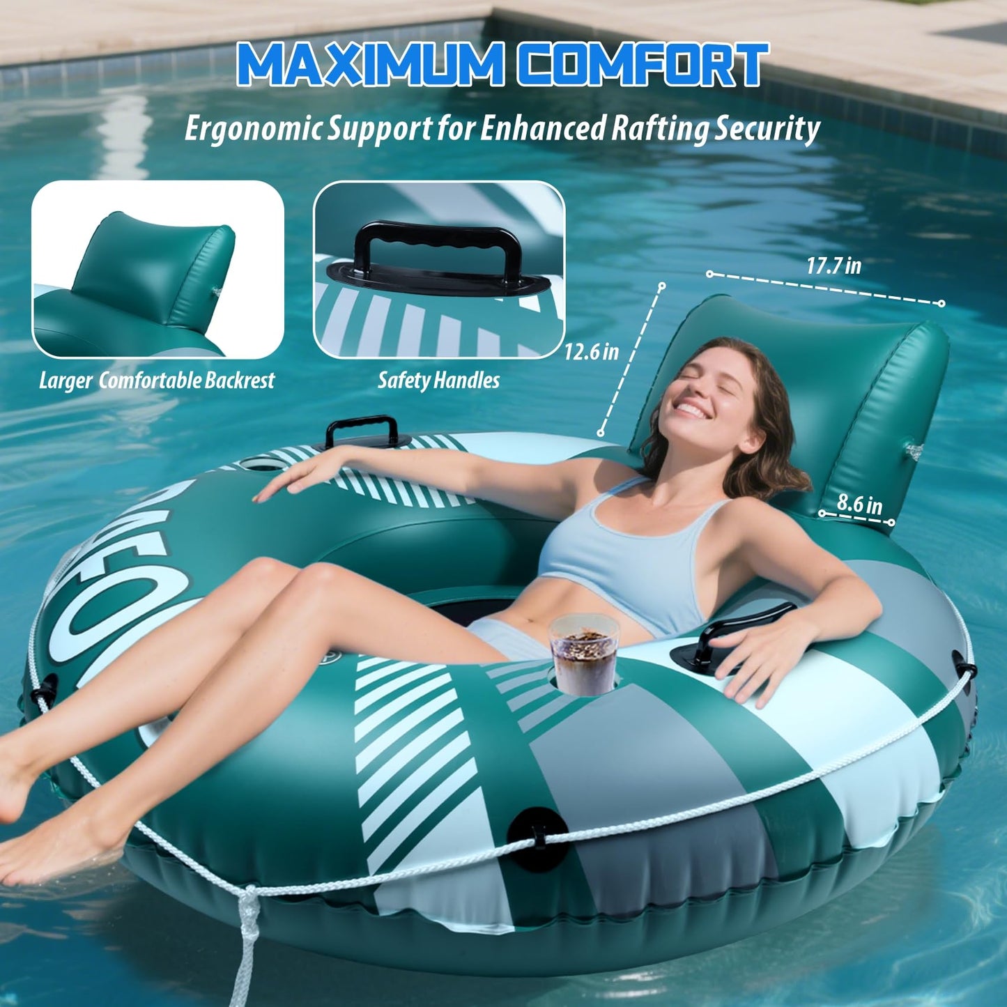 Pool Float mature-themed  53 Inflatable River Tube Float  River Tubes for Floating Heavy Duty with Mesh Bottom  Comfortable Backrest & 2 Cup Holders & Durable Grab Handles 450 lbs Weight Capacity