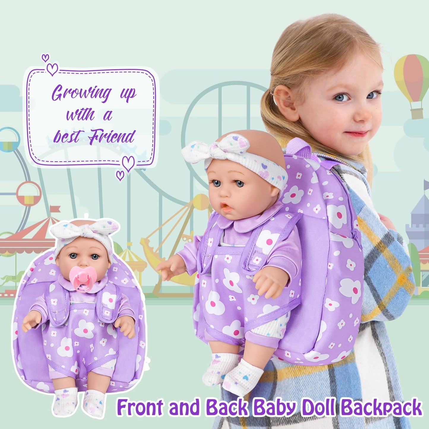 Uzidbto 12'' Baby Doll With Flower Pattern Backpack Carrier,12 Inch Realistic Baby Dolls With Clothes And Accessories Hanky Paci