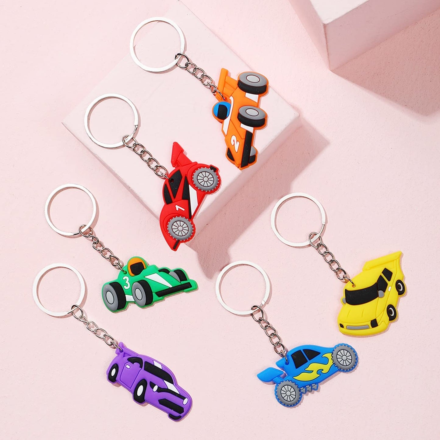JZK 30 Pcs car keyring set for kids, silicone race car keychains for children birthday party favours, kids party bag fillers, ki