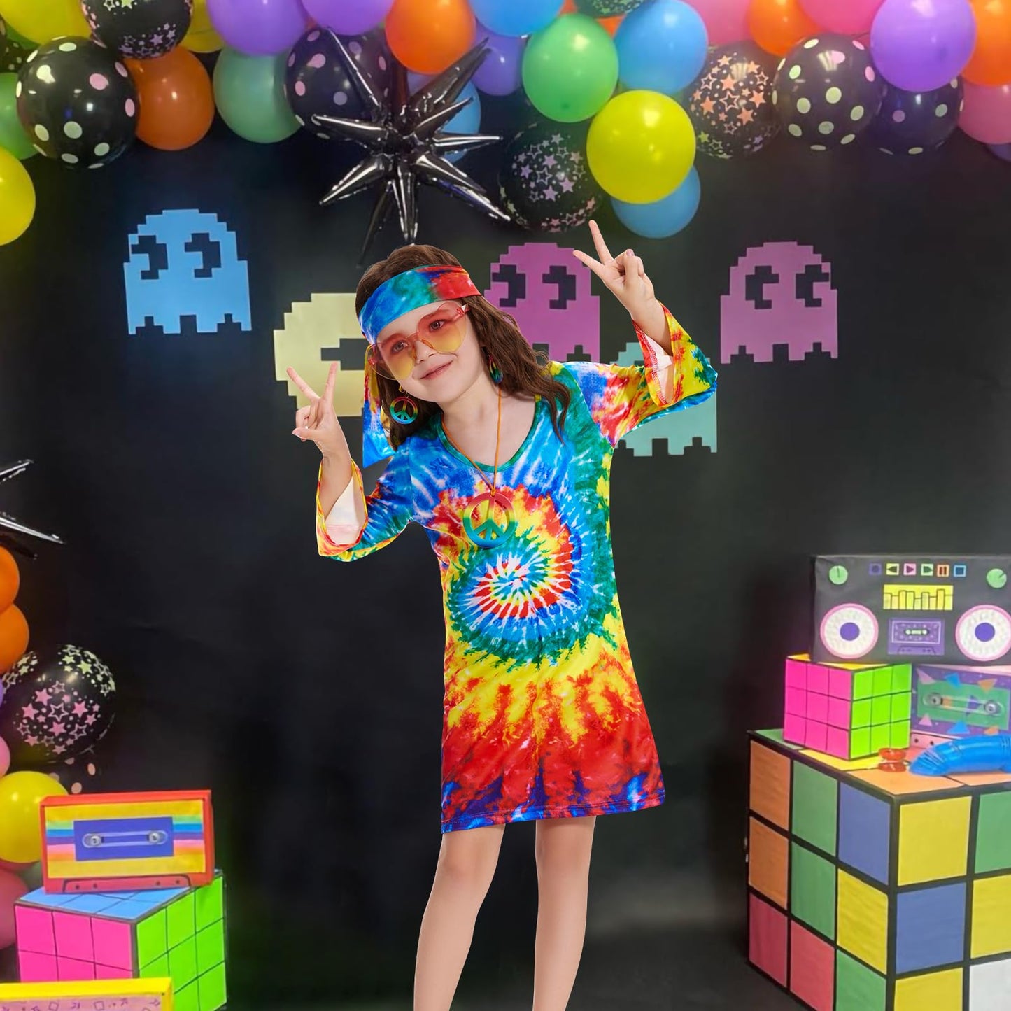 Mryuwb 70S Hippie Dress For Girls, 1970S Outfits Peace Sign Necklace Headband, 60S Themed Party Costumes For Kids 5-14 Years (Ti