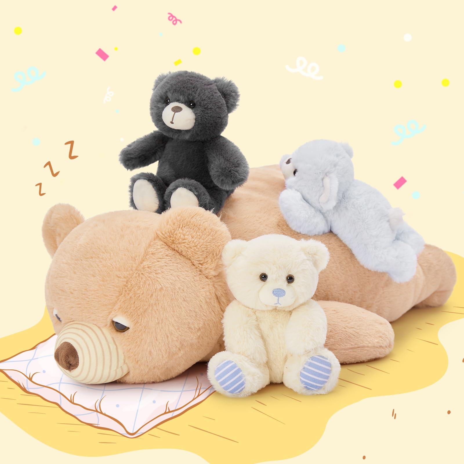 Morismos Teddy Bear Stuffed Animal 24In Lying Soft Bear Plush Toy 4-In-1 Mom And Baby Stuffed Bear Gift For Kids Christmas Valen