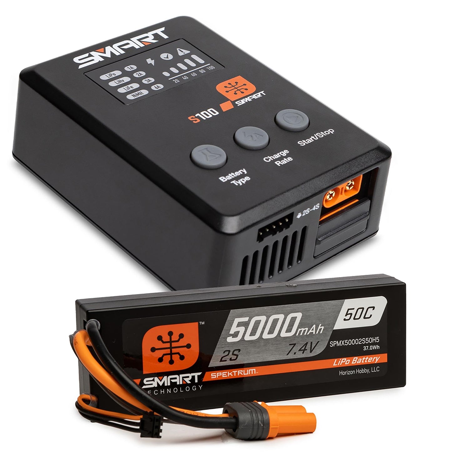 Spektrum Accessories Smart Powerstage Surface Bundle: 5000mAh 2S 50C LiPo Battery (IC5) / 100W S100 Charger, SPMX-1032