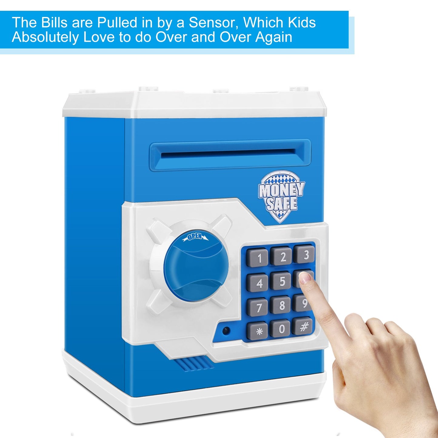Renvdsa Electronic Password Piggy Bank Kids Safe Bank Mini Atm Electronic Money Save Box Cash Coin Can (Blue White)