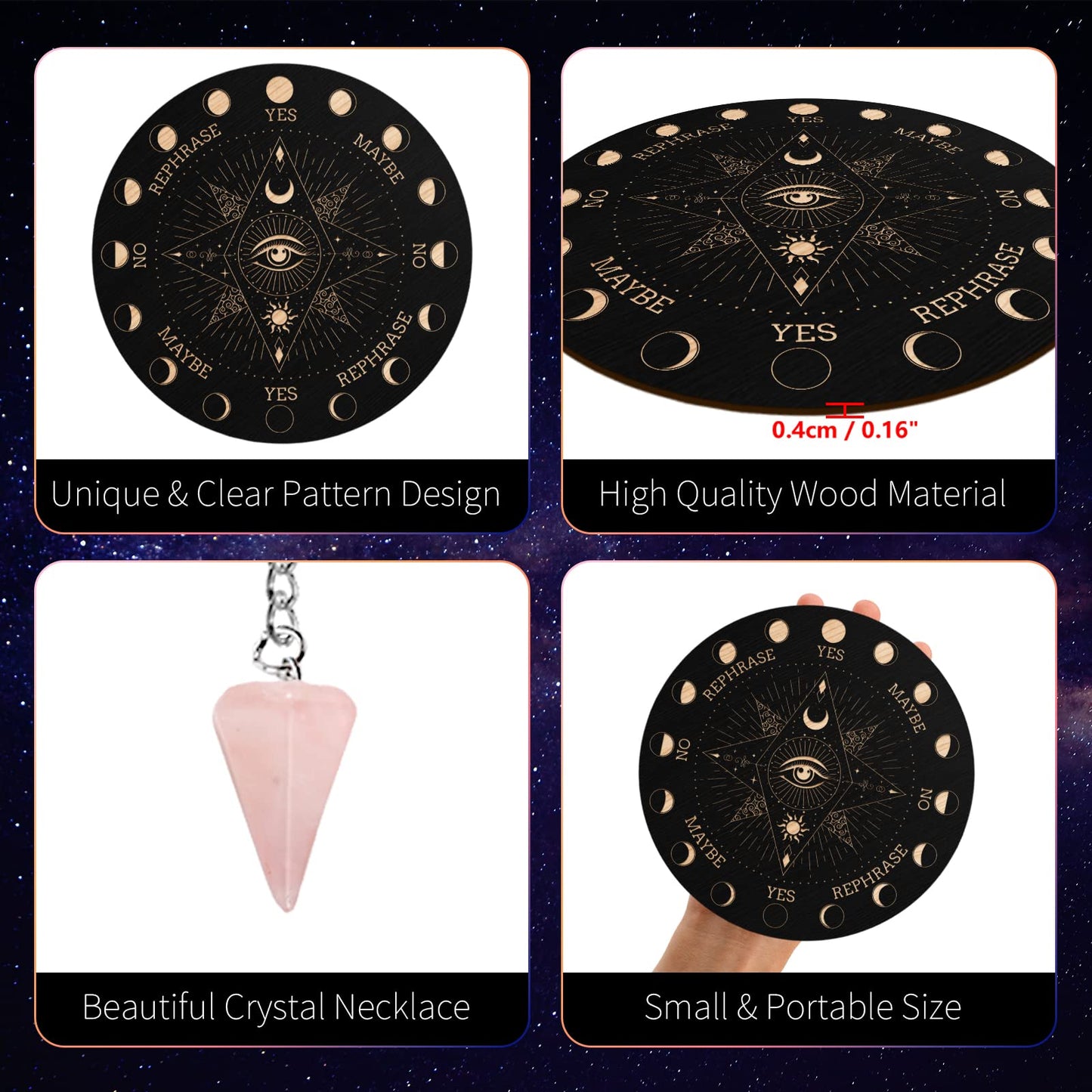 Infunly Witch Pendulum Board Eyes Runes Wooden Dowsing Planchette Board 7.9' Metaphysical Message Board With Pendulum Crystal Necklace For Beginners, Witchcraft Altar Supplies