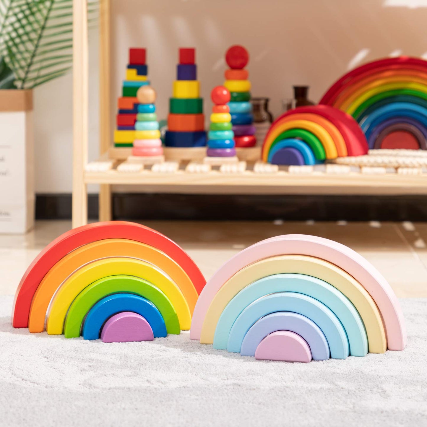 MERRYHEART Wooden Rainbow Stacking Toy - 6 Piece Pastel Rainbow, Montessori Learning Aid, 10.3 x 5.2 x 1.65 inches for Babies & Toddl