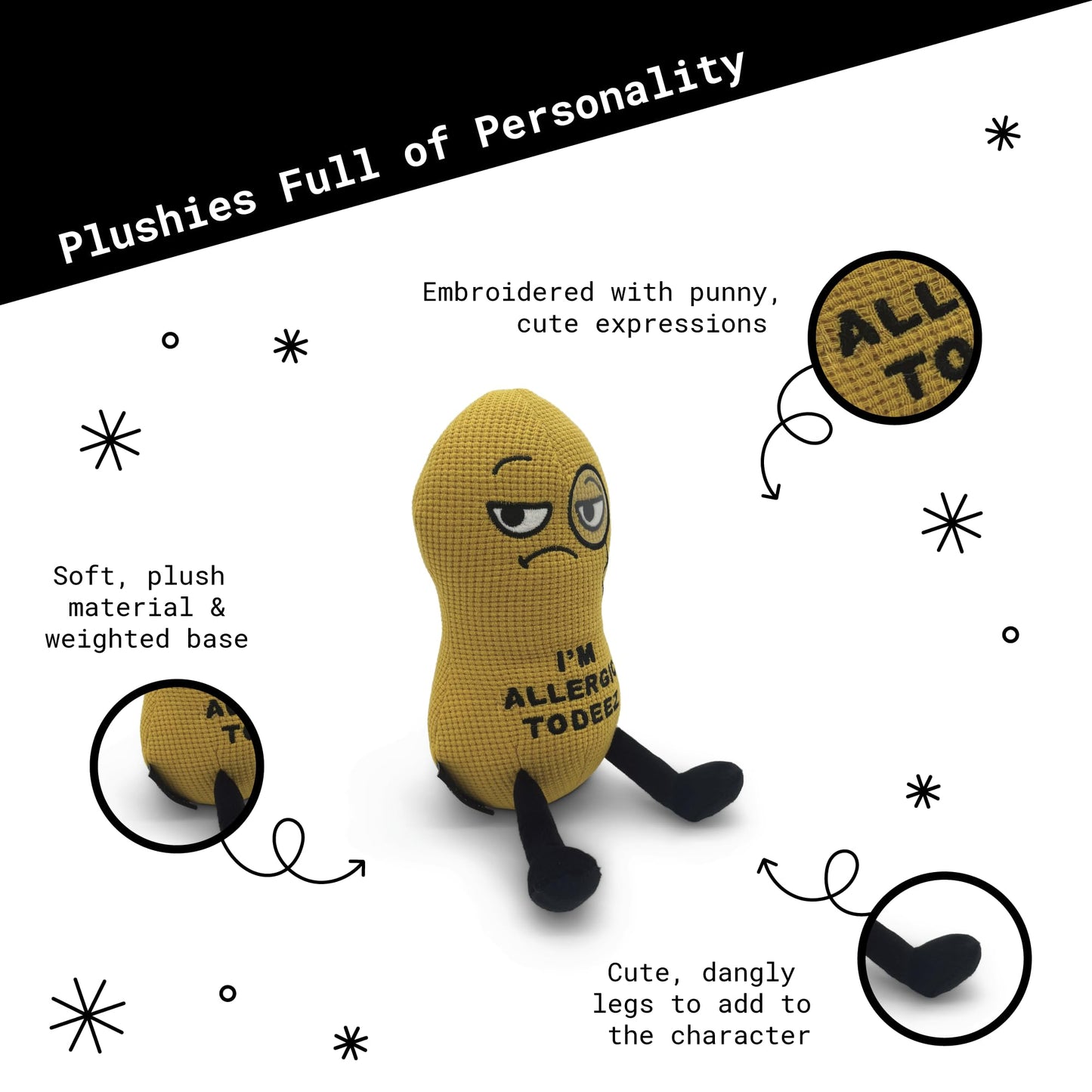 Punchkins Peanut Plushie - Im Allergic to Deez Funny Plush, Gift for Humor Lovers, Cute Plush Toy for Gifting