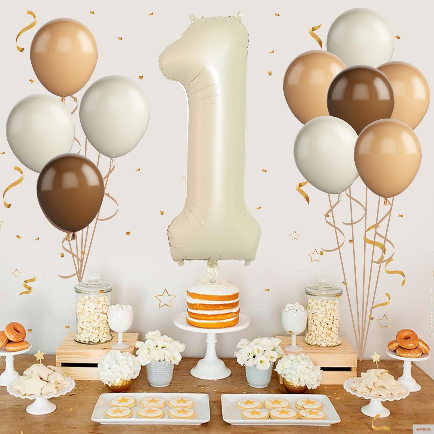 40 Inch Cream White Number 1 Balloon, 1St Birthday Balloons, 11Pcs Retro Apricot Brown Sand White Latex Balloons 1 Foil Balloon