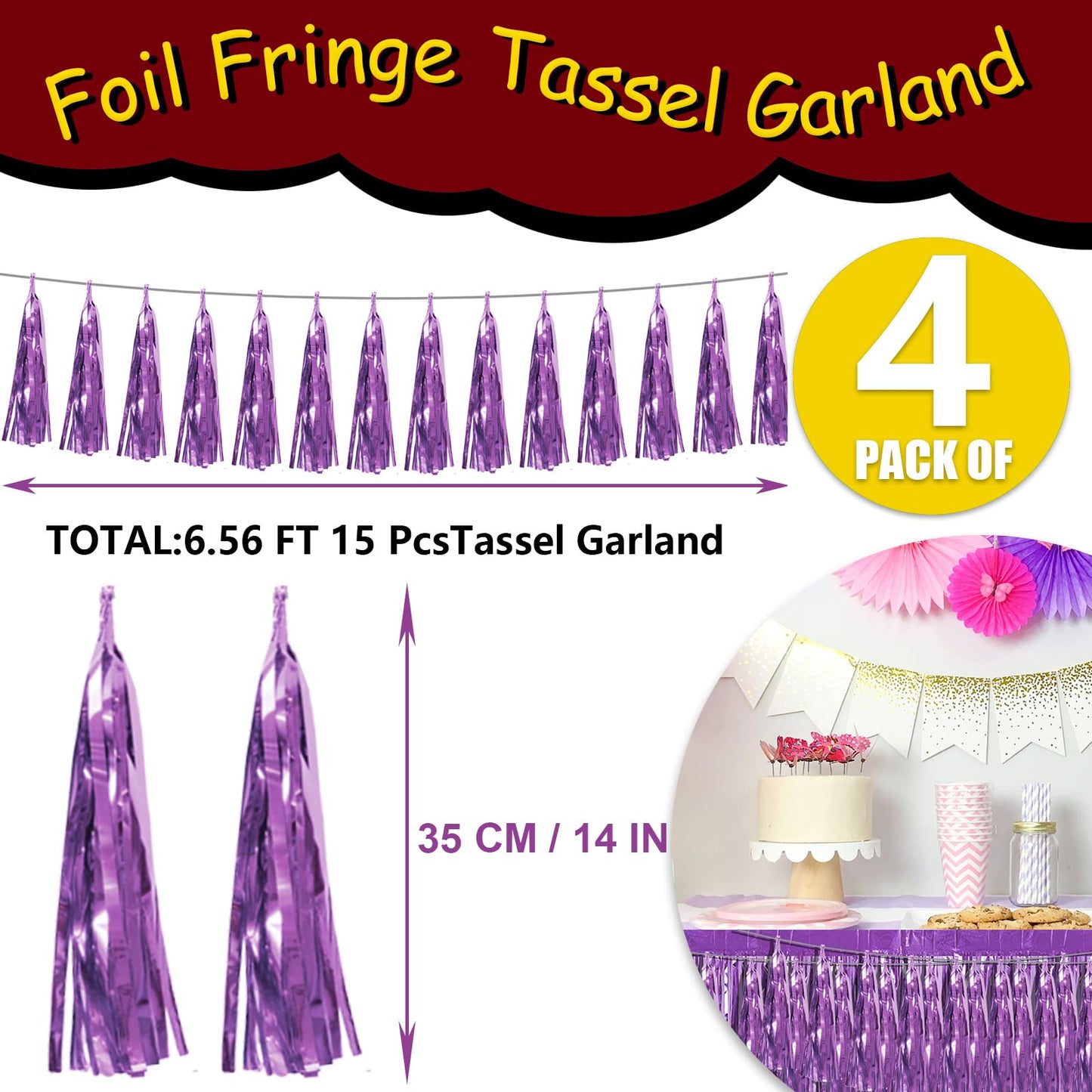 4P Light Purple Foil Fringe Tassel Banner Garland Metallic Tinsel Streamers Wall Hanging Curtain Backdrop Banner for Parade Floa