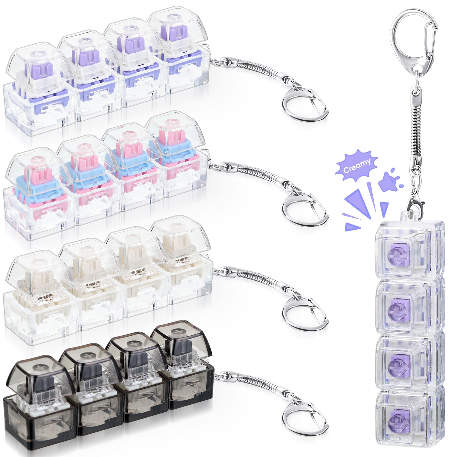 Halloscume 4 Pcs Light Sound Keyboard mature-themed Fidget Toy Clicker Toy 4-in-1 Keyboard Fidget Keychain Cube Mechanical Key Button Clicker Stress Relief Gift for Office School Home (Clear Colors)