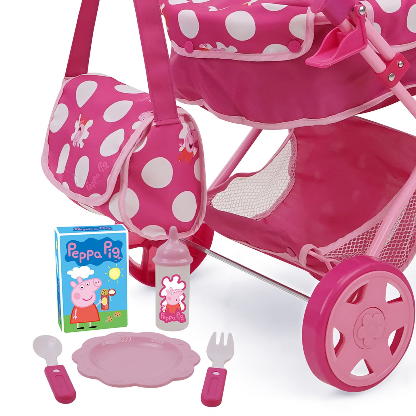 Peppa Pig Baby Classic Doll Pram Set, 7 Piece, Pink & White Dots, Fits Dolls Up to 18", Includes Canopy & Accessories, Model T838037