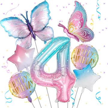 Butterfly Balloons 4Th Birthday Decorations For Girls, Gradient Pink Colorful Butterfly Foil Balloon, Giant Number 4 Foil Mylar