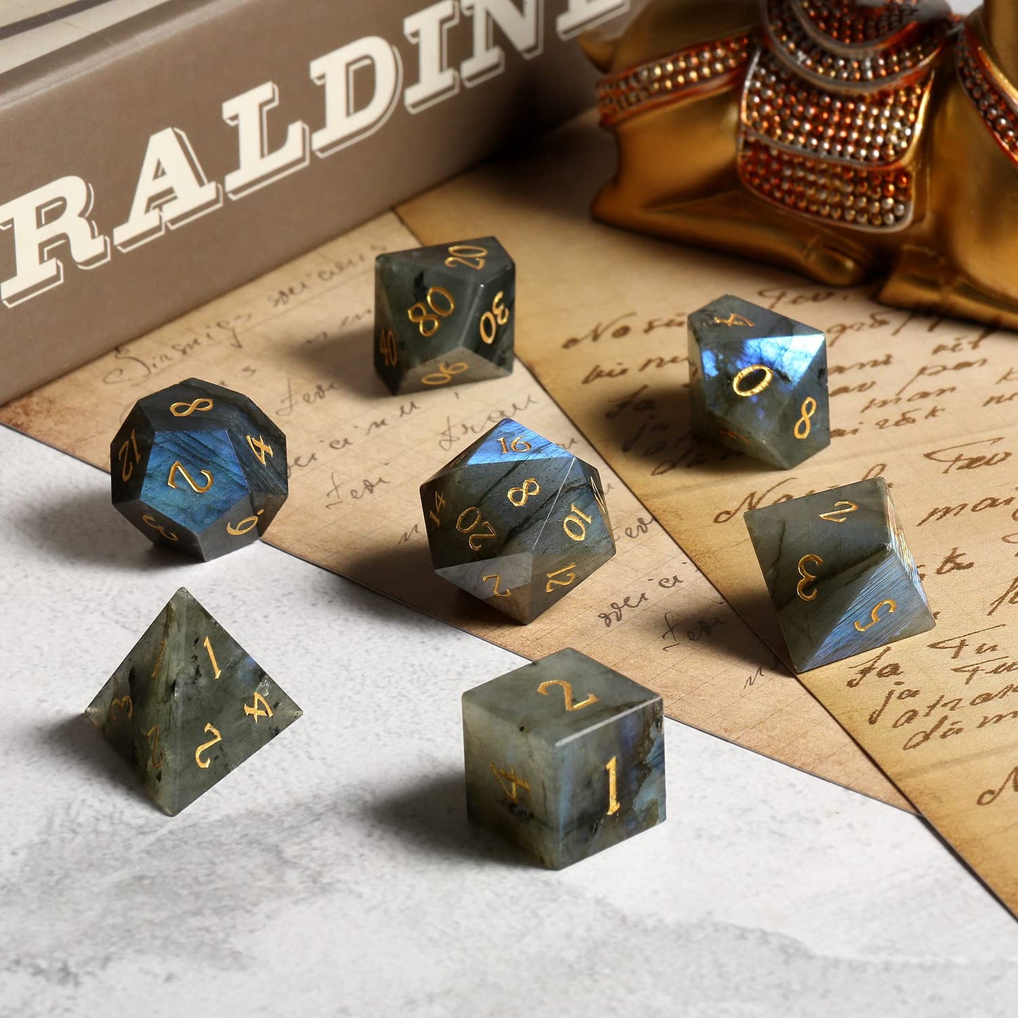 Labradorite Gemstone Dice Set DND,DNDND Full Set Real Stone Dice Set with Grogeous Gift Case for Dungeons and Dragon and Tableto