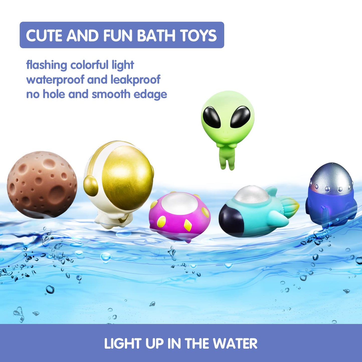 Bath Toys Light Up Floating Space Bath Tub Toy Set 6pcs Glowing Bath Toy Universe Theme Toy with Astronaut Rocket Ship Alien UFO