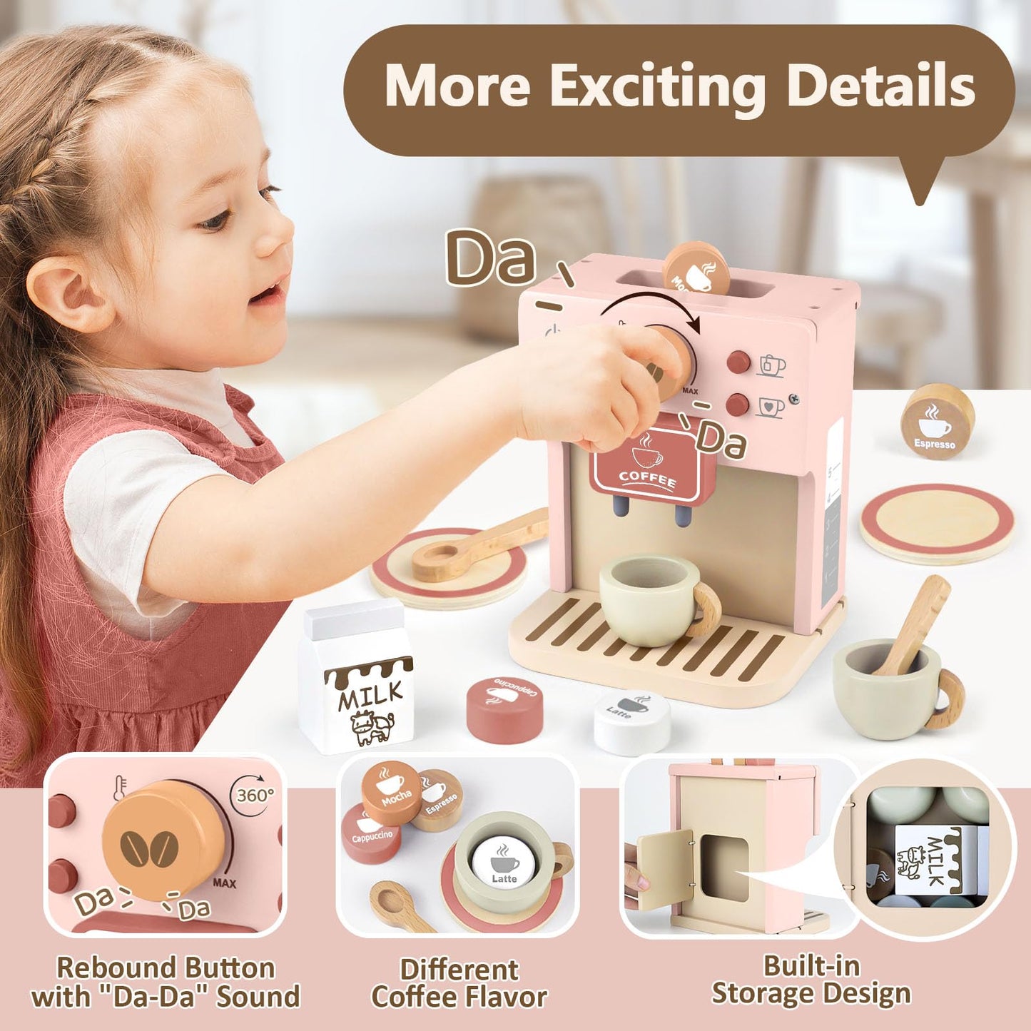 Airlab Kids Coffee Playset Toy Coffee Maker Set For Toddler Wooden Kitchen Accessories Pretend Play For Girls Boys Ages 3 4 5 Ye