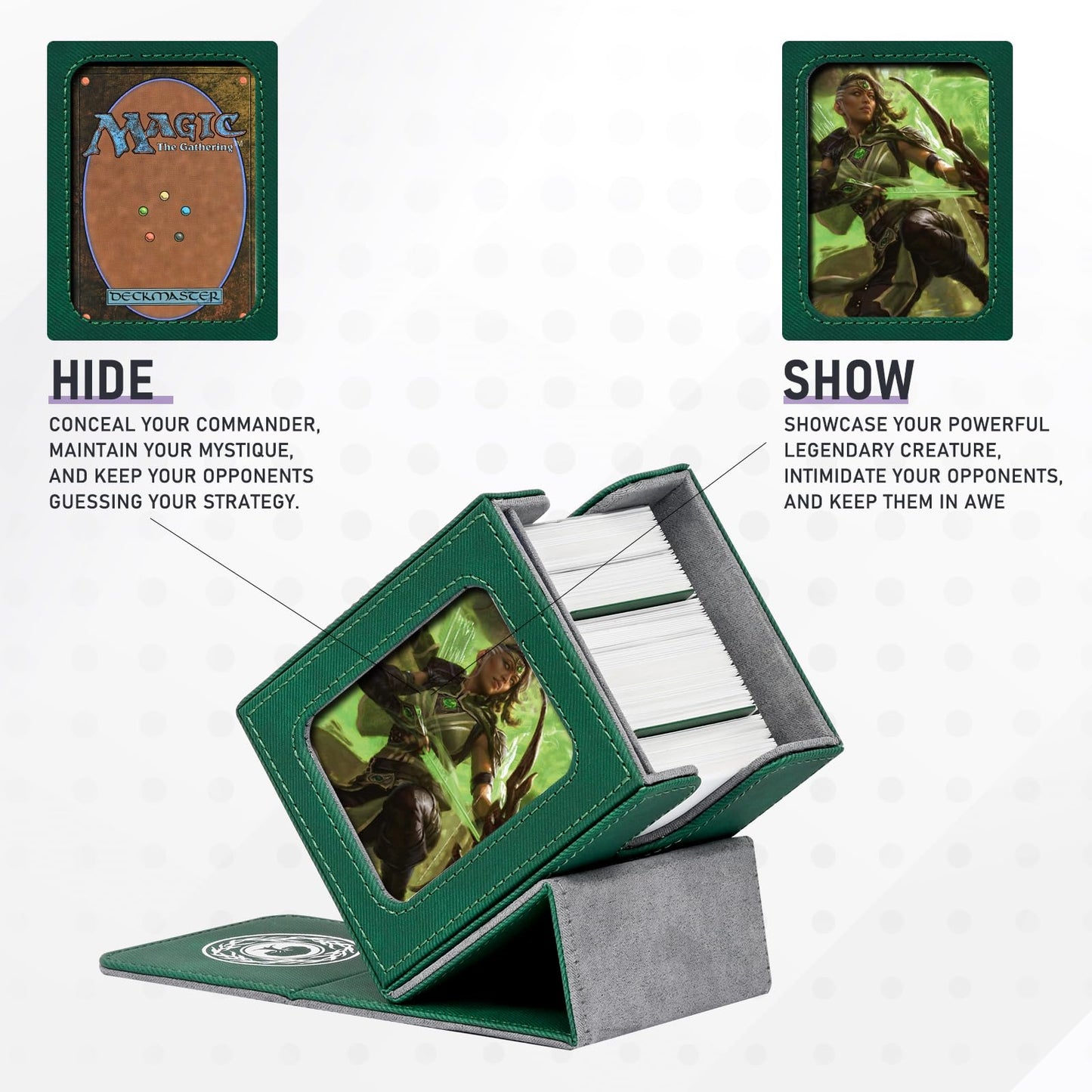 Infinity Guard MTG Deck Box with Commander Display for 120+ Single Sleeved Cards  Denim Magnetic Card Storage Box Fits for TCG CCG Magic Cards (Ink&Green)