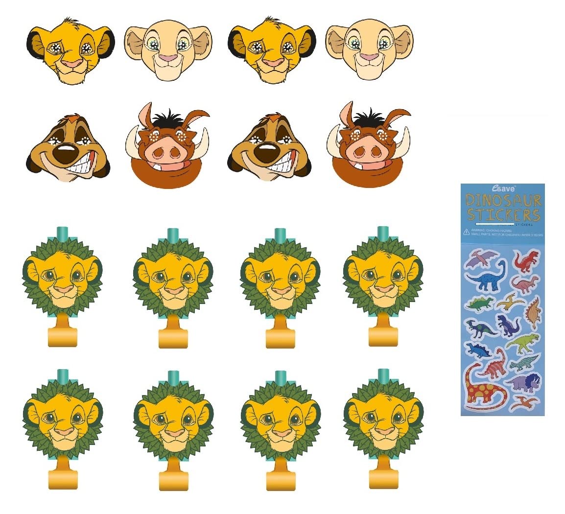 Unique Lion King Birthday Party Supply Decoration Favor Bundle Pack Includes Paper Masks And Blowouts And 1 Dinosaur Sticker Sheet