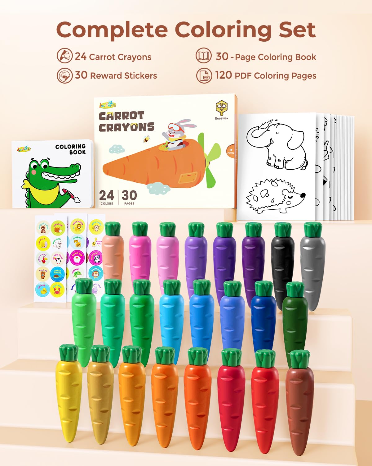 JUPITEARTH 24 Colors Crayons for Toddlers 1-3, Non Toxic Beeswax Carrot-Shaped Toddler Crayons with 30-Page Coloring Book and 12