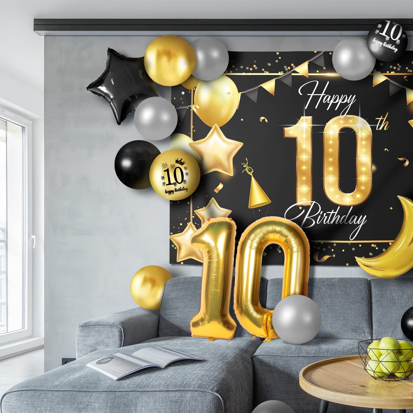 Happy 10Th Birthday Balloons Gold Set Decor - Cheers To 10 Years Old Party Theme Garland Star Moon Banner Backdrop Decorations F