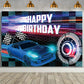 MEHOFOND 7x5ft Car Racing Happy Birthday Backdrop, Blue Racing Party Photo Background for Boys, Cars Party Decorations Car Banne