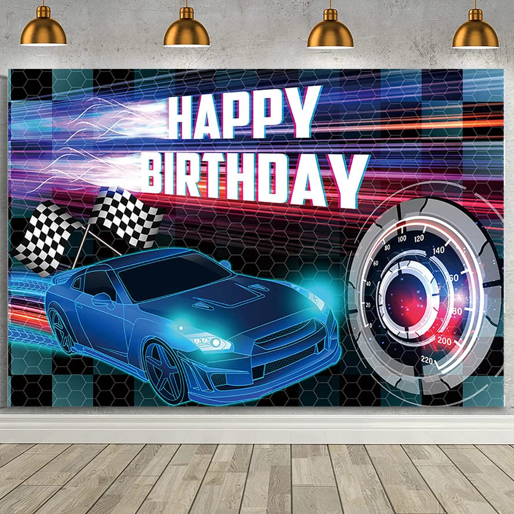 MEHOFOND 7x5ft Car Racing Happy Birthday Backdrop, Blue Racing Party Photo Background for Boys, Cars Party Decorations Car Banne