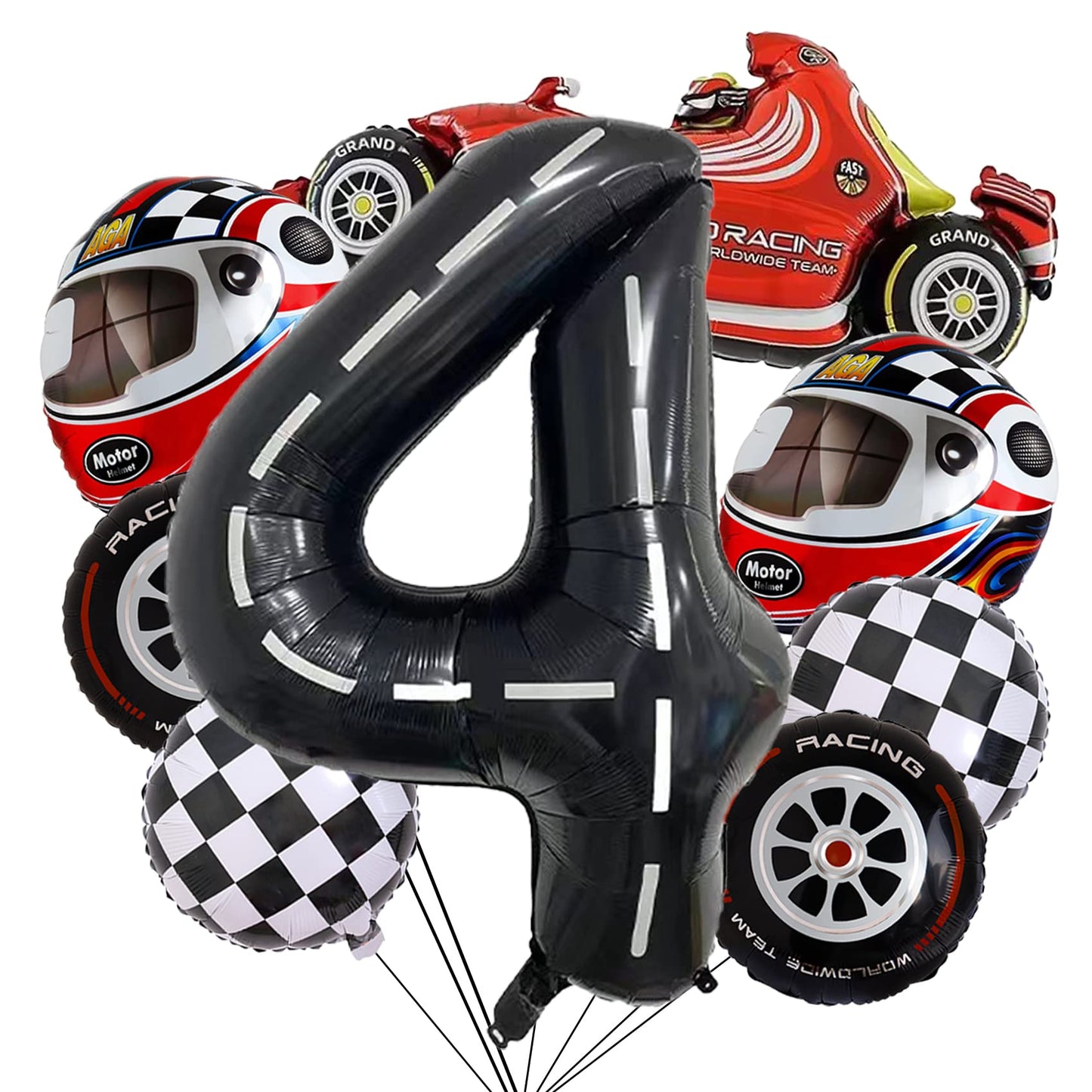 Stcomart 8 Pcs Race Car Party Decorations, Black Number 4 Balloon Checkered Balloons Tire Balloons For Boys 4Th Birthday