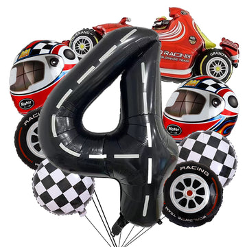 Stcomart 8 Pcs Race Car Party Decorations, Black Number 4 Balloon Checkered Balloons Tire Balloons For Boys 4Th Birthday