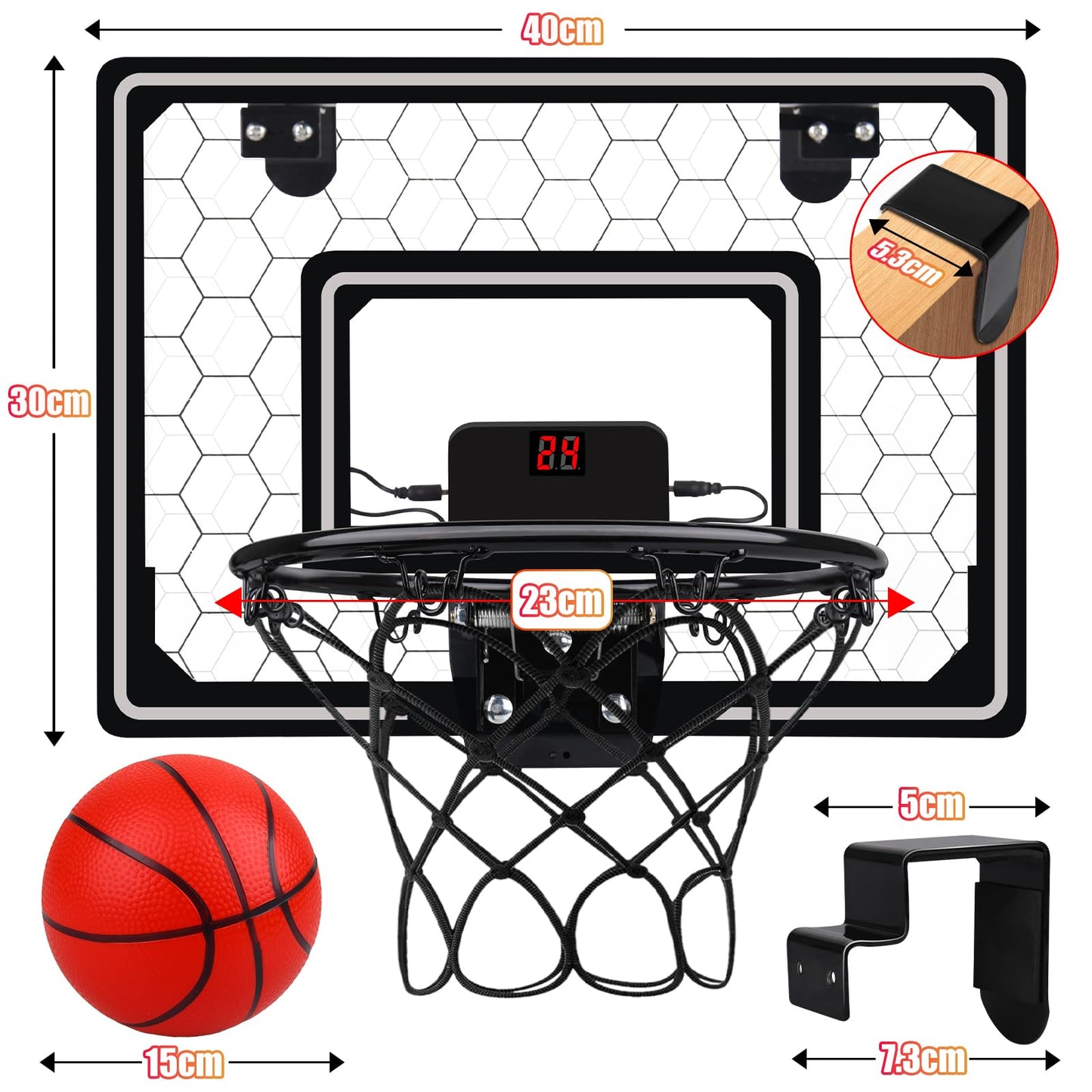 Basketball Hoop Indoor,Mini Hoop With Led Light/Scoreboard, Door Basketball Hoop Basketball Toys Gifts For 5 6 7 8 9 10 11 12 Year Old Boys Girls (Honeycomb Pattern)