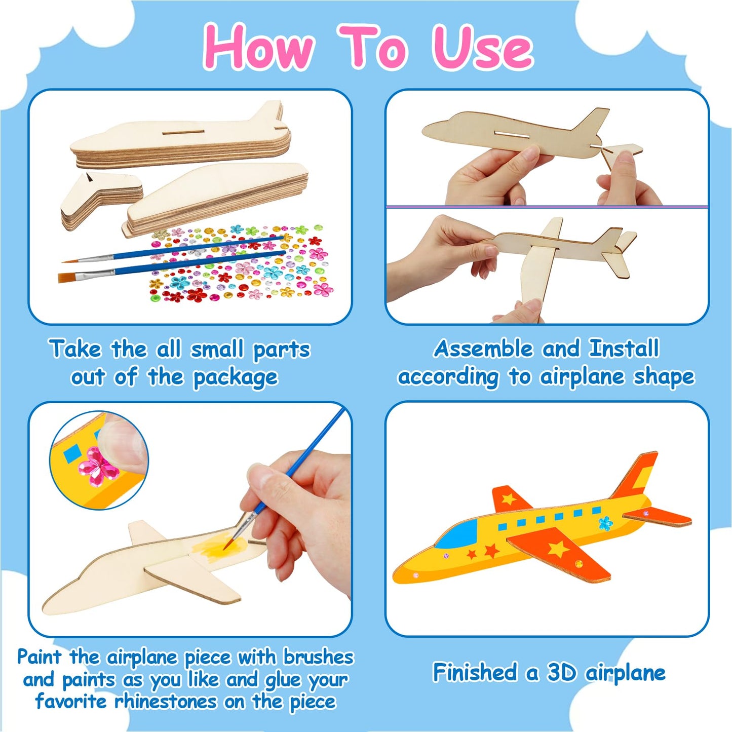 Fennoral 12 Pack Wooden Airplane Craft for Kids Make Your Own 3D Airplane kit for Boys Girls DIY Paint Wood Planes for School Ar