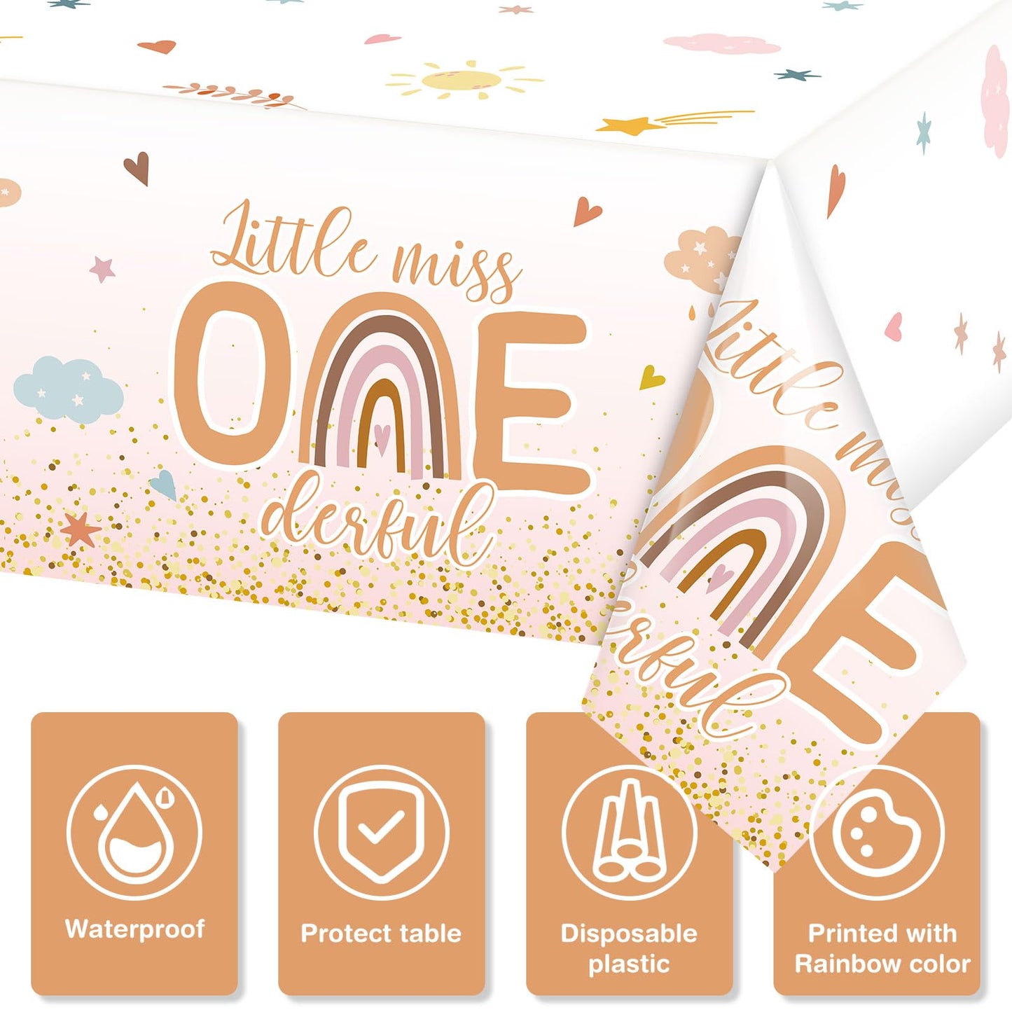 Tiamon 3 Pcs Boho 1st Birthday Tablecloth Decorations 108 x 54 Inch Plastic Rainbow Table Cover Little Miss Onederful Table Clot