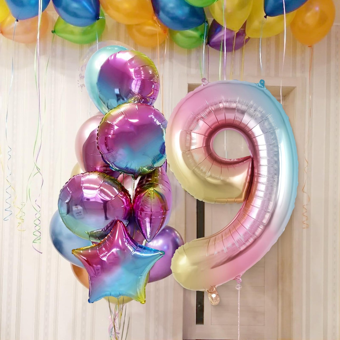 Rainbow Gradient Number 9 Balloon, 40 Inch Big Large Foil Number Balloons, Jumbo Mylar Number 9 Balloons For 9 Year Old Birthday