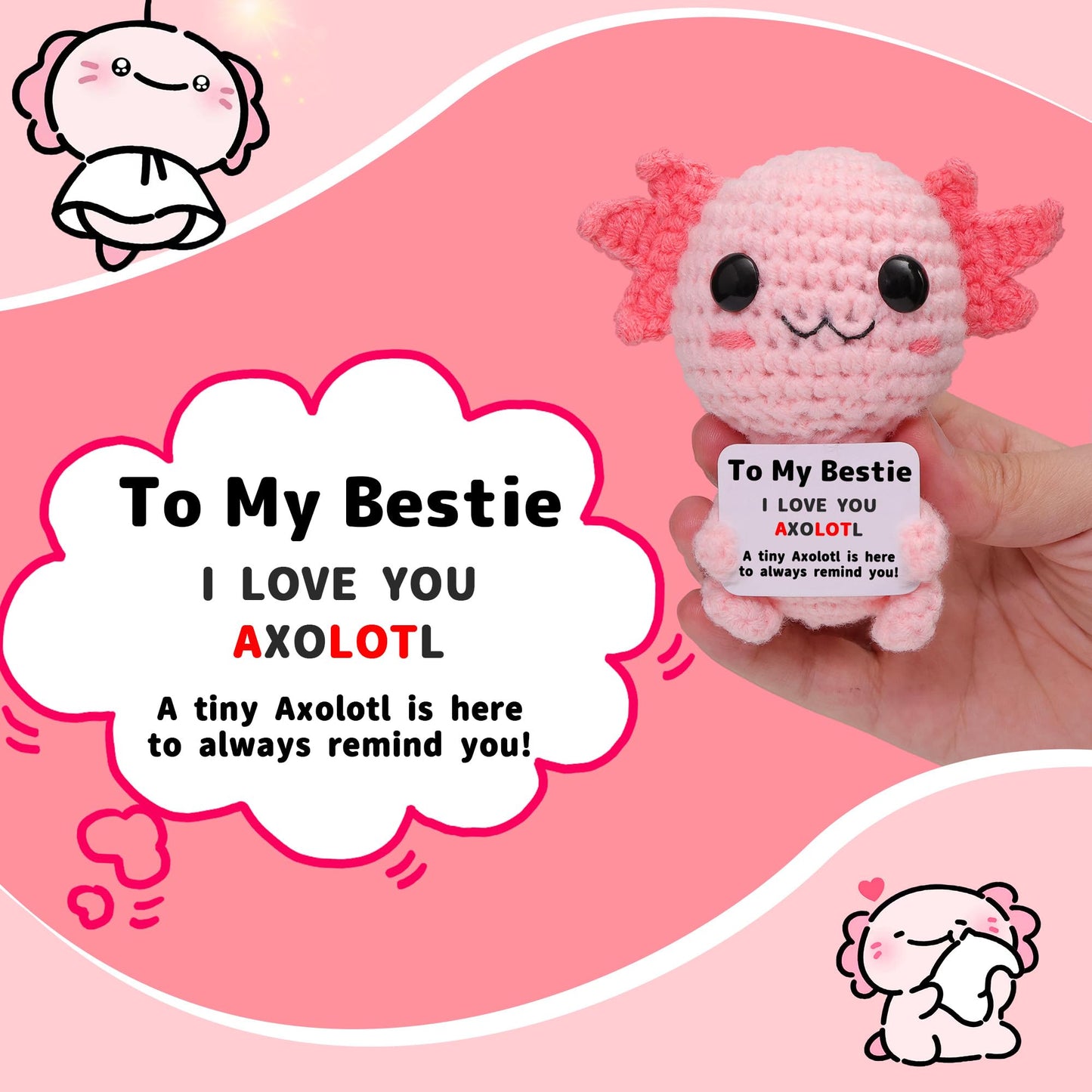 OkiyiD Mini Funny Crochet Axolotl Love Gifts for Bestie  Small Handmade Axolotl Toy with 'I Love You A LOT' Card  Heartwarming Birthday Xmas Graduation Gifts from Friends Besties