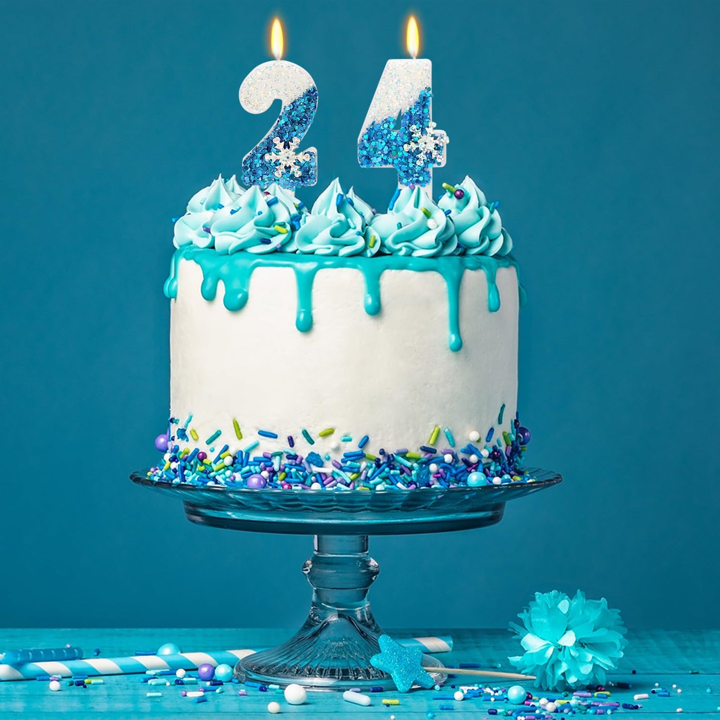 Snow Themed Birthday Candles, Birthday Candle for Party Supplies, Winter Birthday Party Supplies, 2.76 inch Number 24 Candle Cak