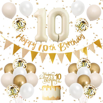 10Th Birthday Decorations Sand White Gold,10Th Birthday Balloons Beige Gold,Happy 10Th Birthday Banner With Cake Toppers Number