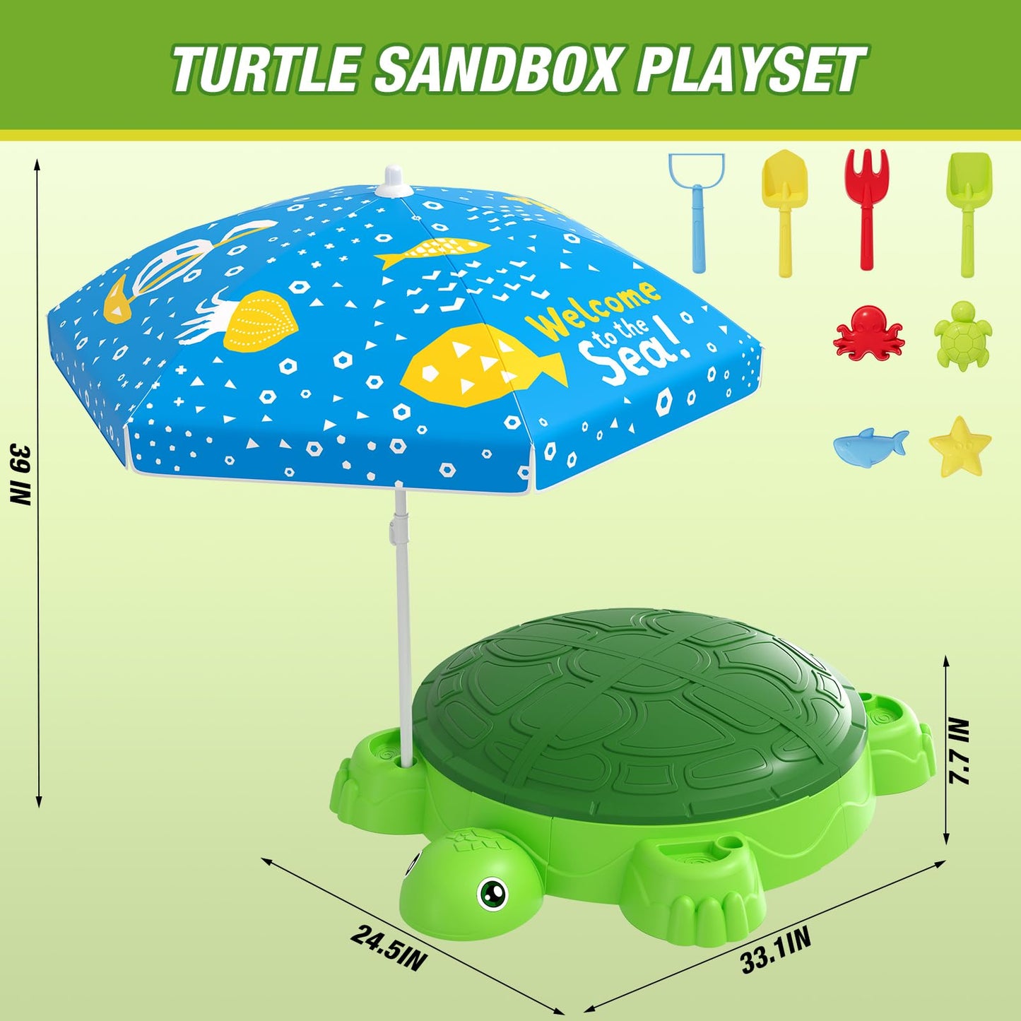 Wee Wonders Turtle Sandbox With Lid & Adjustable Umbrella, Sand Box With Cover Incl 8 Beach Toys, Kids Sand Activity Suit For Se