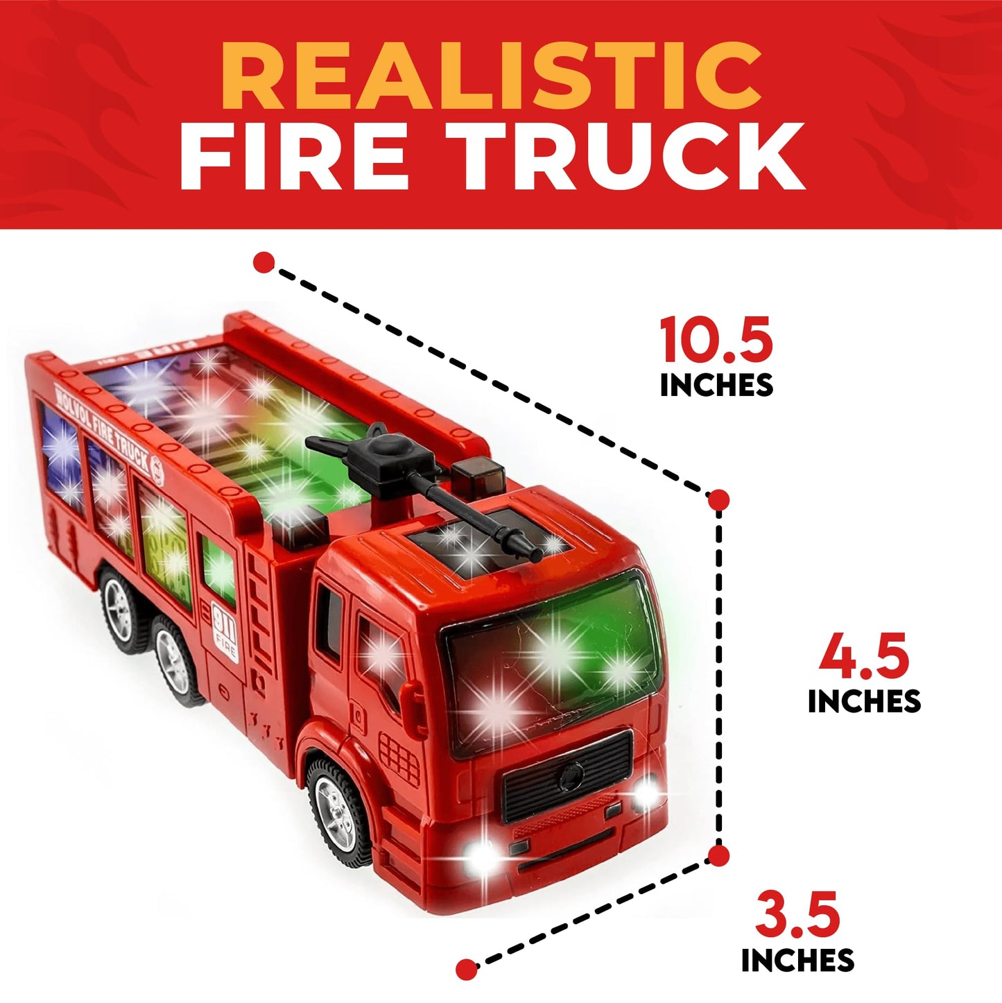 WolVolk Electric Firetruck Toy - 3D Lights & Sirens - Red - Model: comfire - Ideal for Toddlers 3-5 Years Old