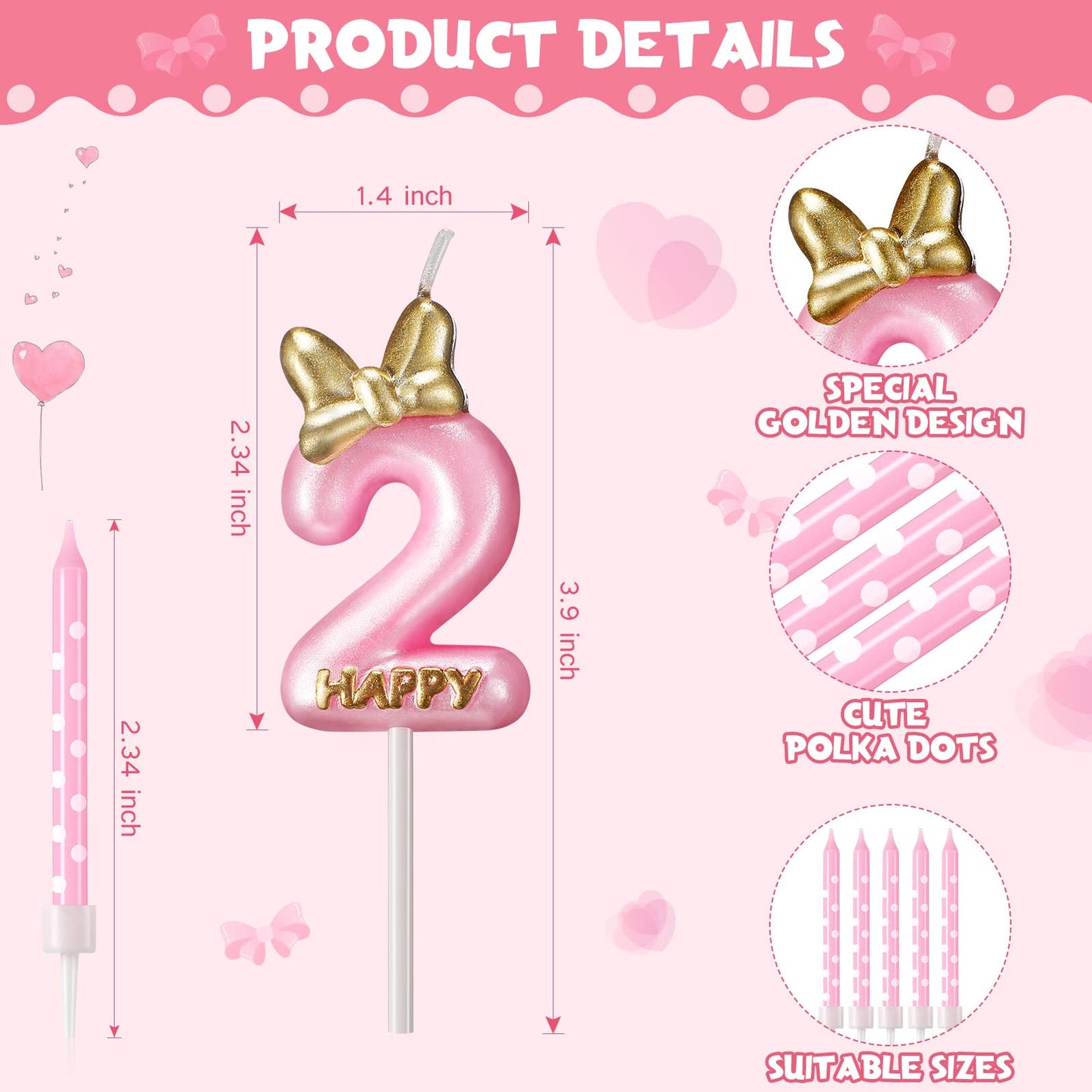 11 Pieces 2 Birthday Candle Girl Pink Number Birthday Cake Topper 2 Years Old Birthday Candle with White Dot Birthday Long Candl