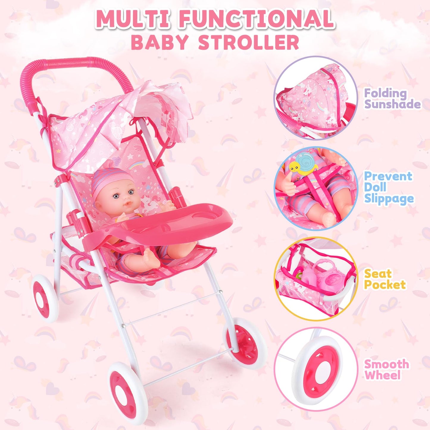 deAO Baby Doll Stroller 12 Baby Doll Set with Foldable Doll Stroller 15 PCS Baby Doll Accessories for Toddlers 3-5 Christmas Bir