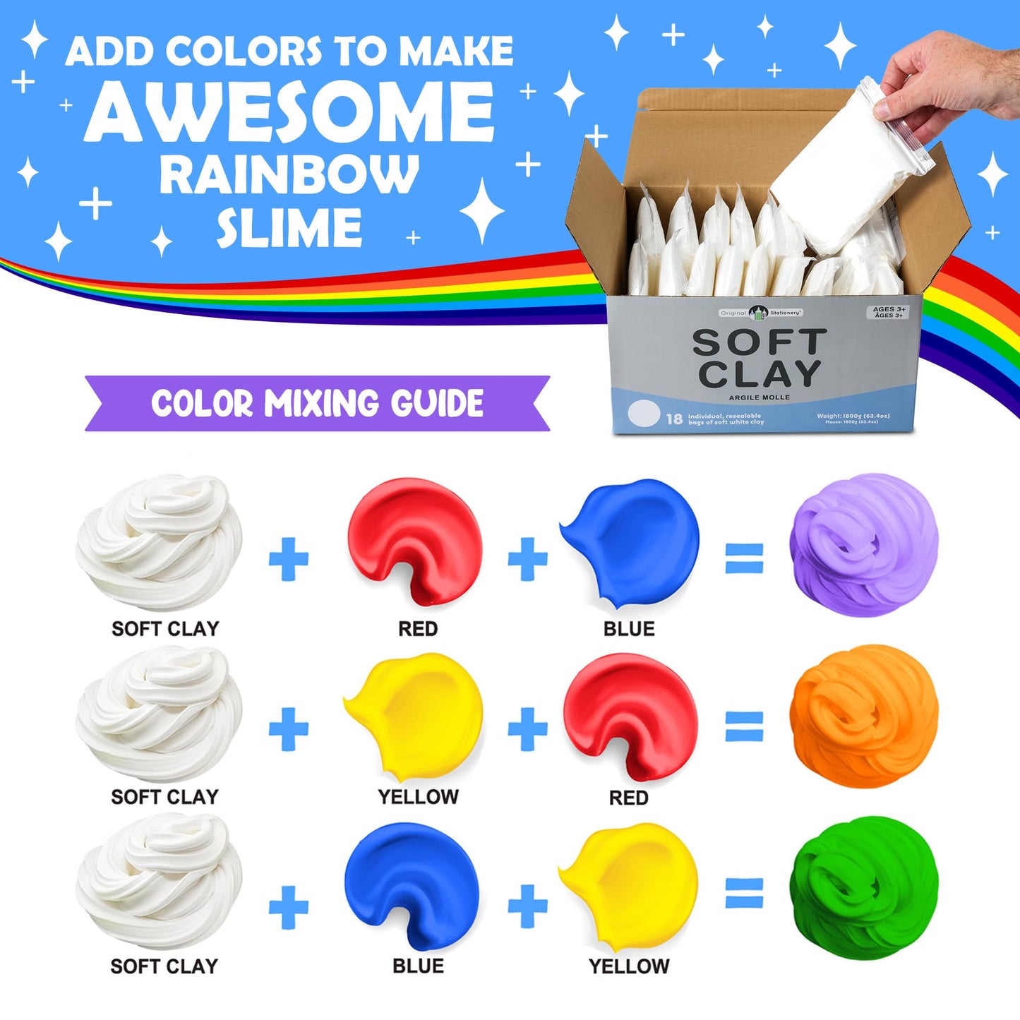 Original Stationery Soft Clay for Slime, XL White Modeling Clay for Art Crafts & Slime Fun, Add to Glue & Shaving Foam to Make B